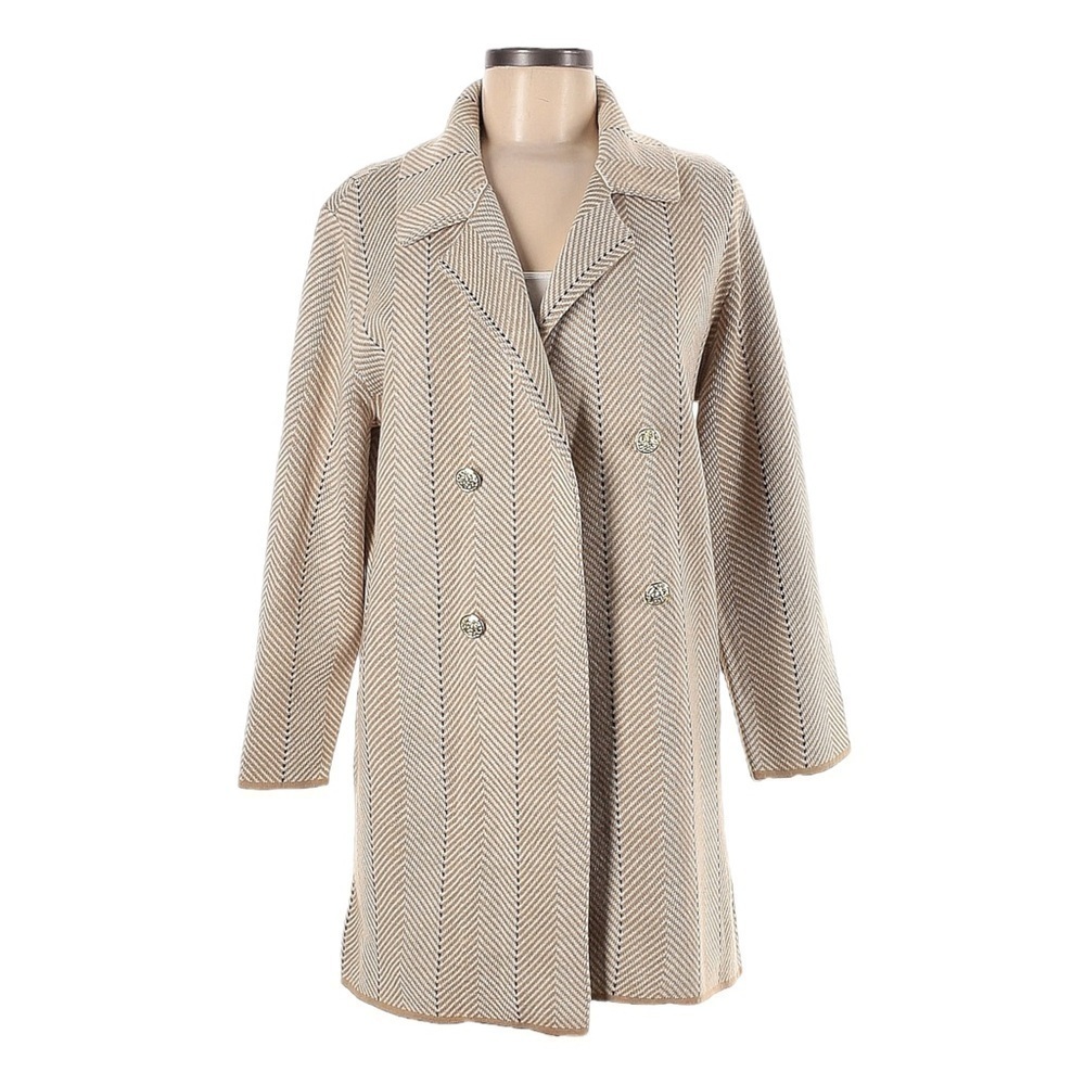 Anne Klein NWT Chevron Stripe Tan Knit Coatigan Peacoat Sweater Jacket M Camel